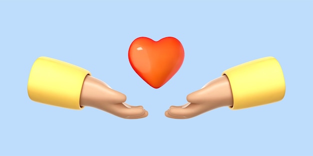3D cartoon hands holding red heart Concept of charity love healthcare Palms hold heart symbol Vector 3d Illustration