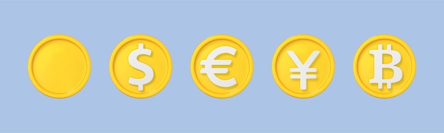 3D cartoon munt iconen set Munten met tekens verschillende valuta Vector 3d illustratie