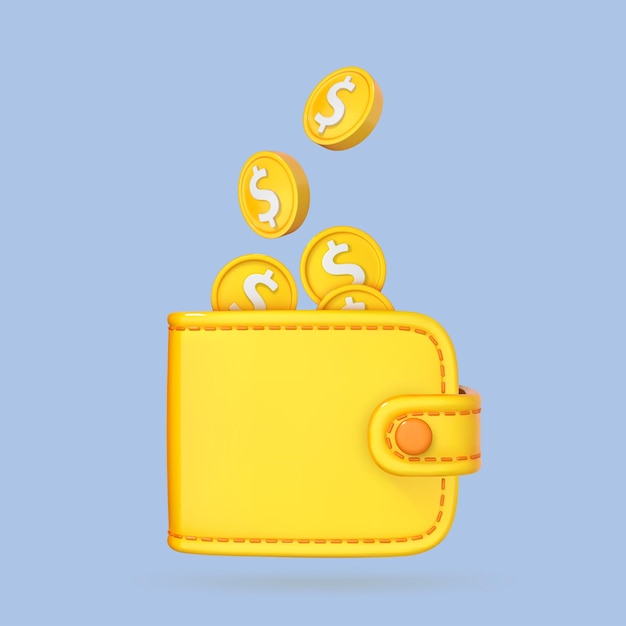 3d cartoon munten vallen in portemonnee op blauwe achtergrond mobiel bankieren en online betalingsservice besparing van rijkdom bedrijfsconcept vector 3d illustratie