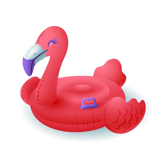 Vector 3d cartoon opblaasbare flamingo stijlicoon op witte achtergrond. roze tropische vogel zwembad ring voor zomervakantie platte vectorillustratie. strand, oceaan, zee, vakantieconcept