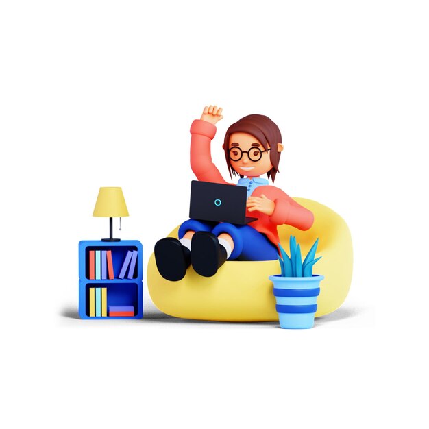 3D cartoon personage werkt thuis op een laptop