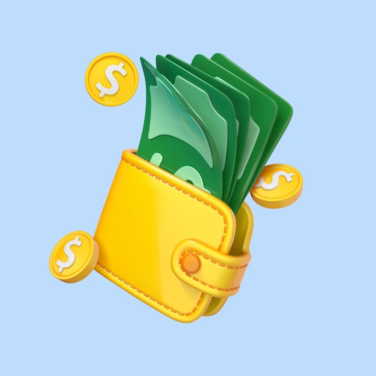 Vector 3d cartoon portemonnee met dollar bankbiljetten en munten contant geld in portemonnee geldbesparende concept zakelijke financiële investering online betaling en cashback vector 3d illustratie