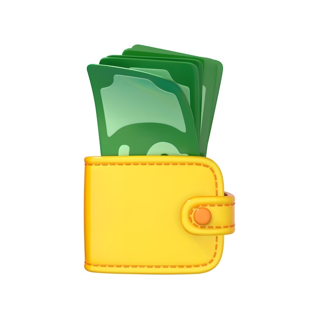 3D cartoon portemonnee met papiergeld Portemonnee met groene dollars Vector 3d illustratie