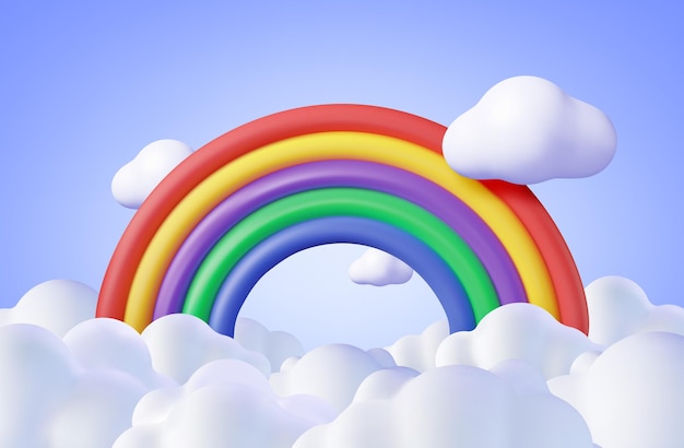 ベクトル 雲の背景に 3 d 漫画の虹をレンダリングします。クラウド アート要素の最小限の虹プラスチック子供のおもちゃ現実的な子供の装飾ベクトル図