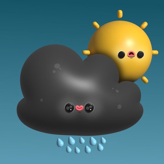 Vector 3d cartoon rainy cloud and sun