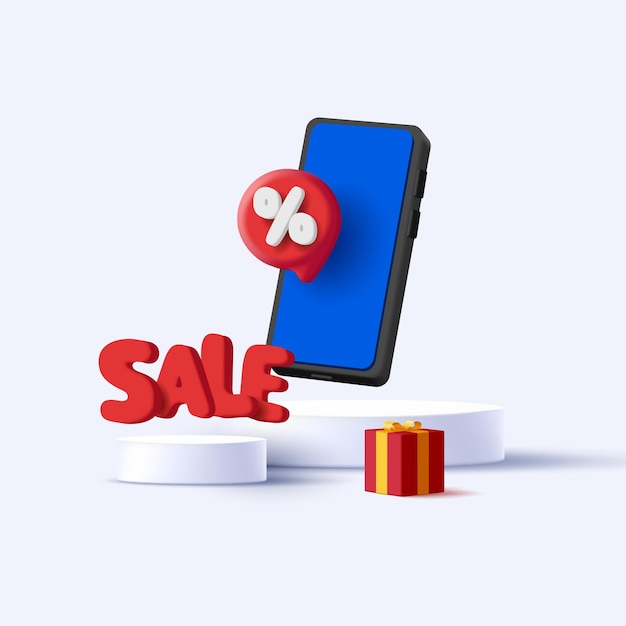 Vettore composizione di vendita di rendering di cartoni animati 3d con smartphone e confezione regalo rossa e lettera del volume di vendita con il rosso