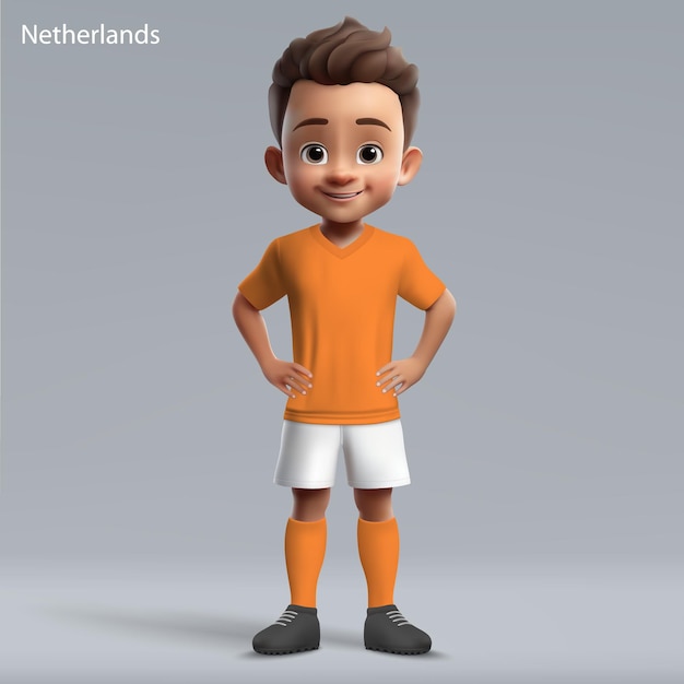 Vector 3d cartoon schattige jonge voetballer in nederlands nationale team kit voetbalteam trui