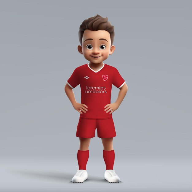 3d cartoon schattige jonge voetballer in voetbal kit