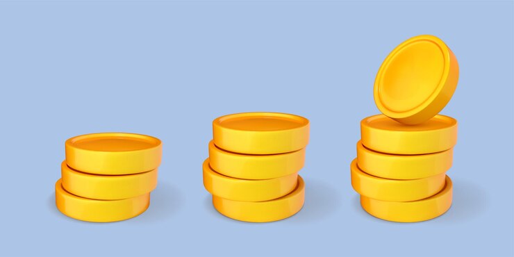 Вектор 3d мультяшный стопка золотых монет, выделенных на синем фоне набор наличных денег бизнес концепция финансовых инвестиций векторная 3d иллюстрация