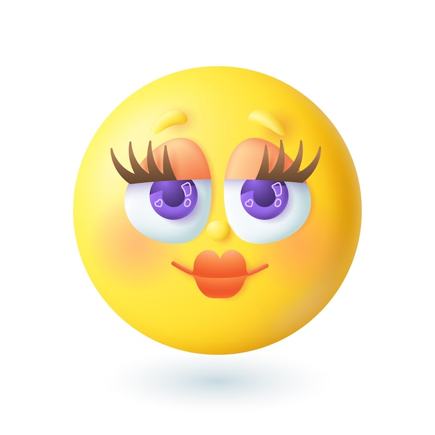 3d cartoon stijl vrij vrouwelijke emoticon pictogram. schattig geel gezicht met blos, grote rode lippen, ogen en wimpers platte vectorillustratie. emotie, expressie, schoonheidsconcept