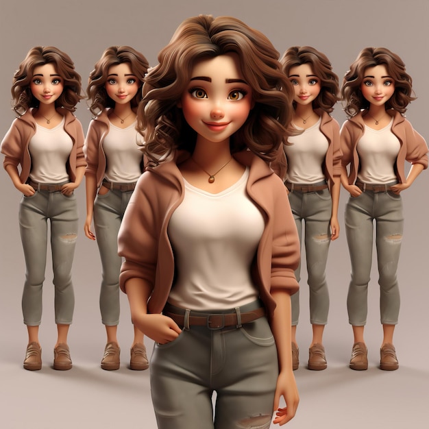 3D cartoon style 25 years old tiny woman brown eyes dark