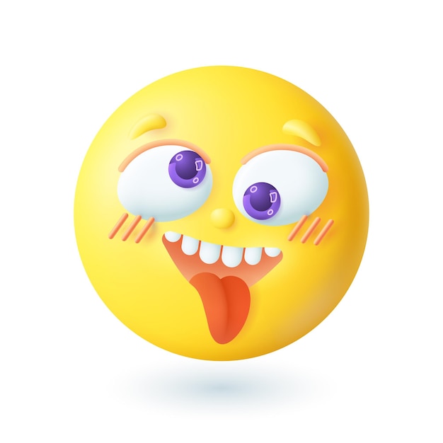 Vettore emoticon in stile cartone animato 3d che mette fuori l'icona della lingua. faccia gialla pazza che si diverte, giocando a trucchi illustrazione vettoriale piatta. emozione, espressione, gioia, concetto di felicità