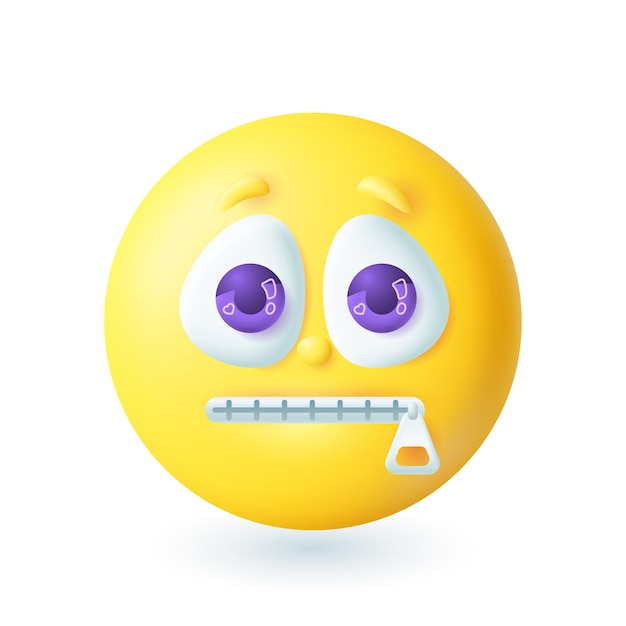 3d cartoon style emoticon with zipper smile icon. mute or silent yellow face on white background flat vector illustration. emotion, expression, secret, mystery concept