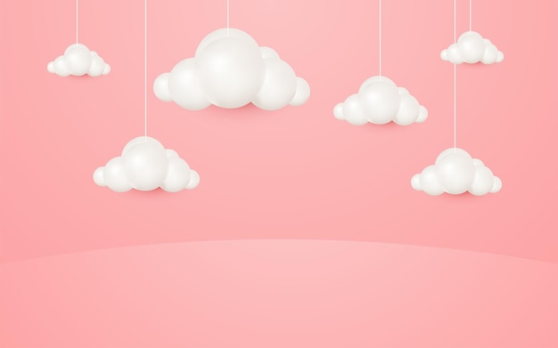 3d cartoon style hanging clouds on pastel pink background for product presentation mockup show