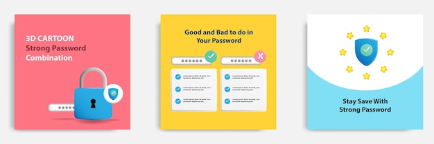 Modello di layout del banner post suggerimento per il tutorial sui social media in stile cartone animato 3d combinazione di password complesse