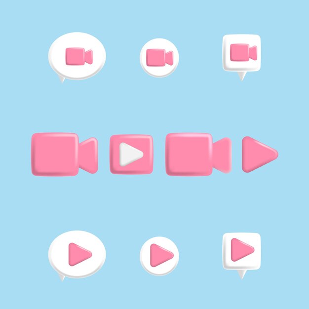 3d cartoon style video play live streaming icon set with shadow and highlight in pink red pastel