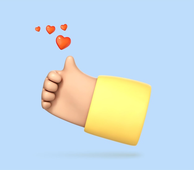 3D cartoon thumb up hand gesture isolated on blue background Hand thumb up or like sign Social media concept Vector 3d illustration