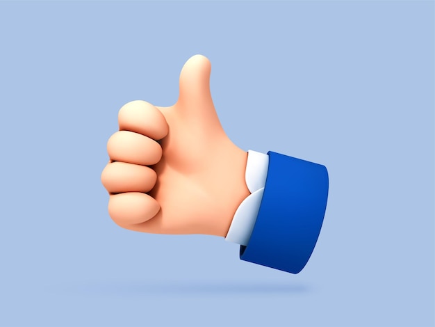 Vector 3d cartoon thumb up hand gesture isolated on blue background hand thumb up or like sign vector 3d illustration