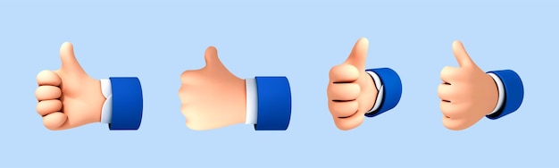 Vector 3d cartoon thumb up hand gesture isolated on blue background hand thumb up or like sign vector 3d illustration