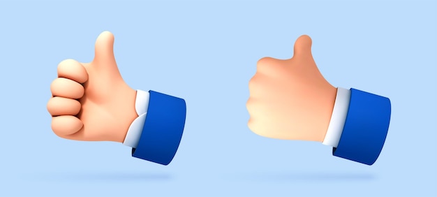 Вектор 3d мультяшный жест рукой вверх на синем фоне большой палец руки вверх или как знак векторная 3d иллюстрация