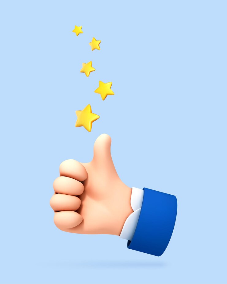 Vector 3d cartoon thumb up with a five star rating customer evaluation customer review rating vector 3d illustration