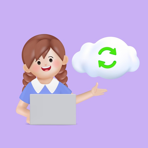 3d cartoon vrouw karakter uploaden cloud server infographic klantenservice callcenter