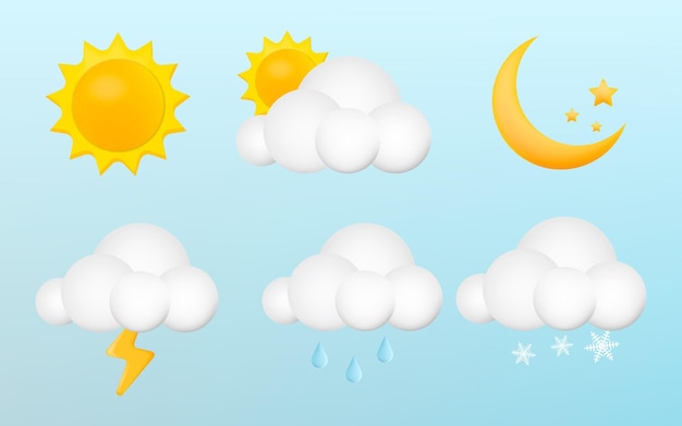 3D cartoon weerpictogrammen instellen Zon maan wolk regen bliksem onweer Vector illustratie