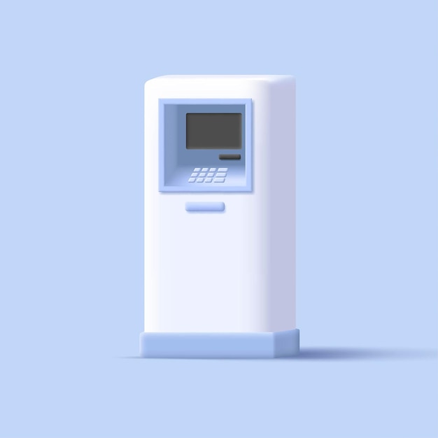 3D cartoon white and blue ATM machine realistic screen and buttons