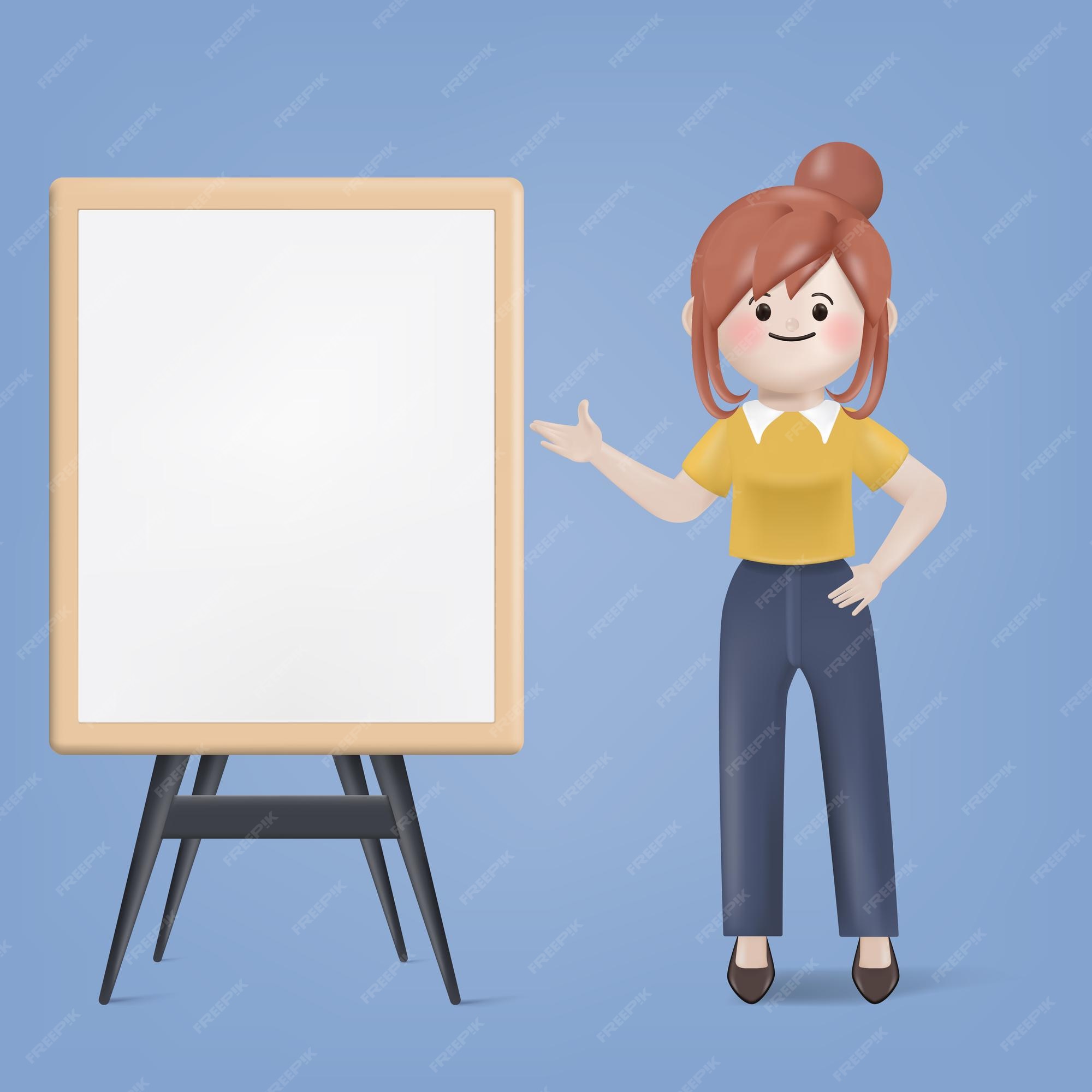 Premium Vector | 3d cartoon young woman presenting a whiteboard character  illustration vector design