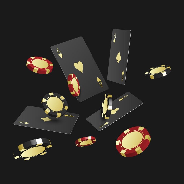 Vector 3d casino poker cards and playing chips on black background