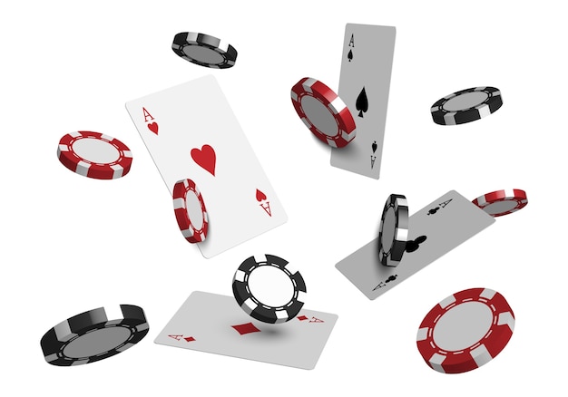 Vettore carte da poker del casinò 3d e fiches da gioco isolati su priorità bassa bianca