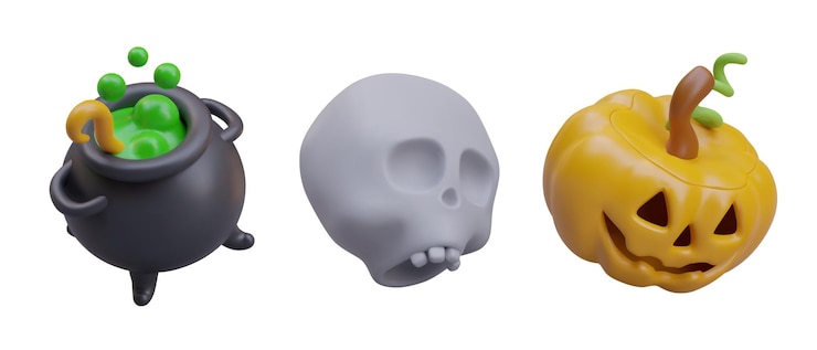 वेक्टर 3d cauldron with green potion human skull pumpkin lantern