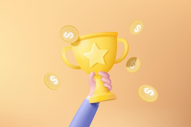 3d celebrate winners with golden cup prize winners stars in holding hand Award ceremony concept on pedestal with cartoon style 3d trophy icon vector render illustration isolated on pink background