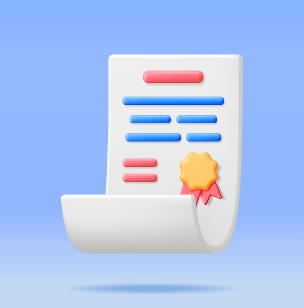 3D Certificate Icon with Stamp and Ribbon