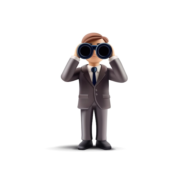 スーツを着たビジネスマンの3Dキャラクターが双眼鏡を通して見ているアイコン スタイリッシュな近代的な画像