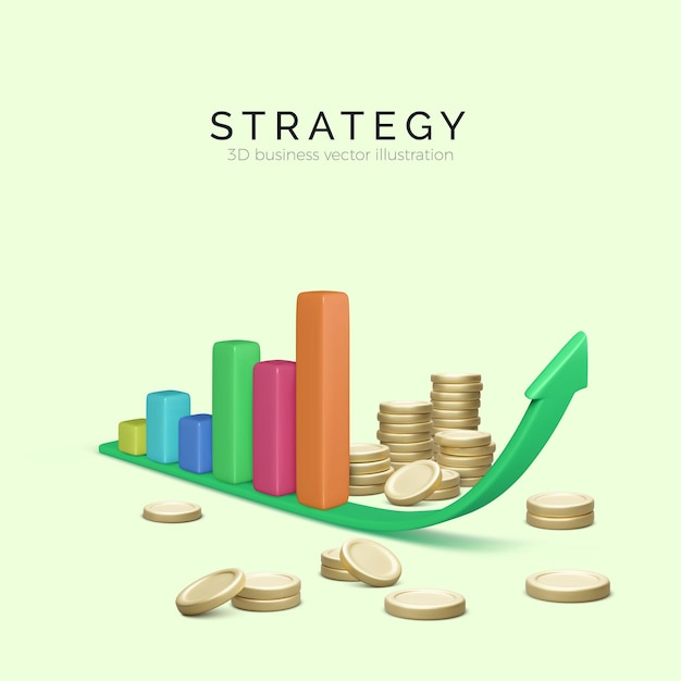 3D chart bar on rising arrow with stacks of gold coins Statistics and analysis of business success Graph for growth profit business and finance Vector illustration