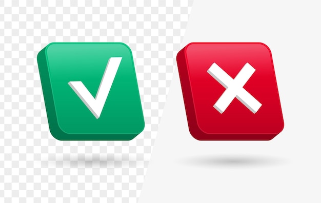 3d check mark icon button with check box frame and yes or no icons or checkmark green tick red cross