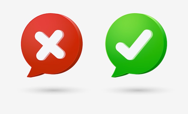 3d check mark icon button with speech bubble or green tick and red cross symbols