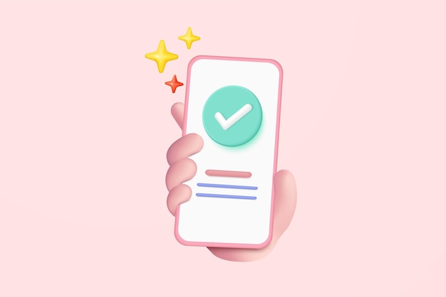 3d check mark icon isolated on mobile phone in holding hand check list button best choice for right success tick accept agree on application 3d mark icon vector with shadow render illustration