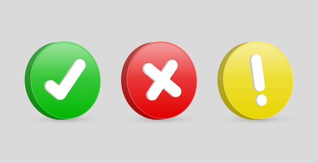 3d check mark icon with exclamation sign green tick and red cross checkmark yes no icons button