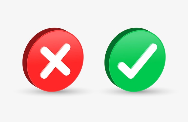 3d check mark yes or no icon buttons green tick red cross check box frame 3d icons illustration