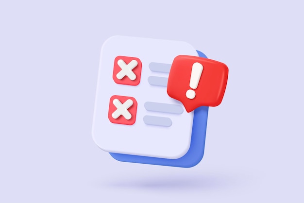 3d check wrong icon isolated on white background negative check list button choice for false correct tick problem fail on application emergency icon vector with shadow 3d rendering illustration