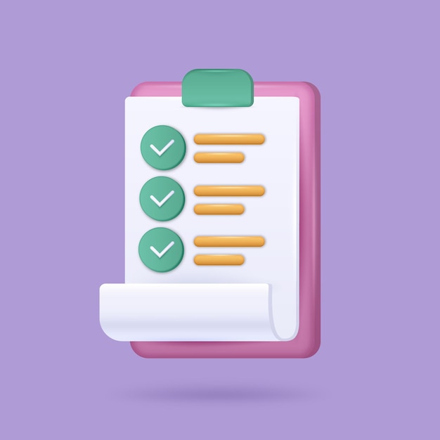 3d checklist icoon enquête formulier document rapport checklist notitie klembord met taken papieren pagina met informatie digitaal pictogram voor webtoepassing notitieboek teken vector illustratie