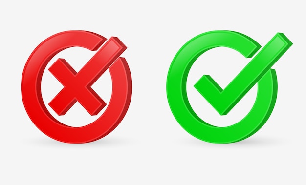 Checkmark 3d icons checklist carrapato verde e cruz vermelha aceito e  recusa conjunto de vetores de sinal verdadeiro ou falso e verificado