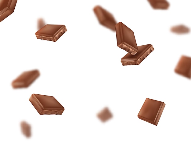3d chocolade achtergrond vliegende bars zoete melk snoep kubussen stuk donker cacaosnijden gebroken dessert snack focus en niet gefocuste elementen frame geïsoleerde elementen vector realistische achtergrond