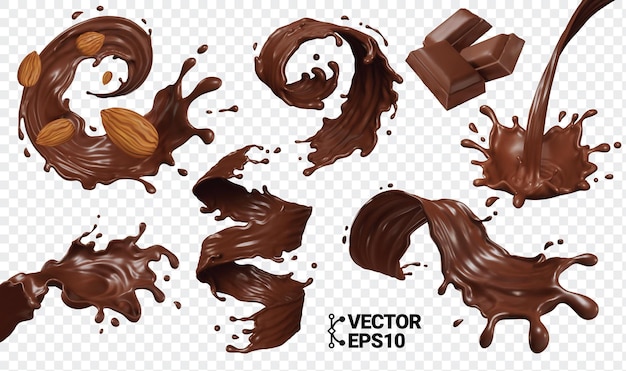 3d chocolade splash isoleren realistische vector eps set stukken chocoladereep