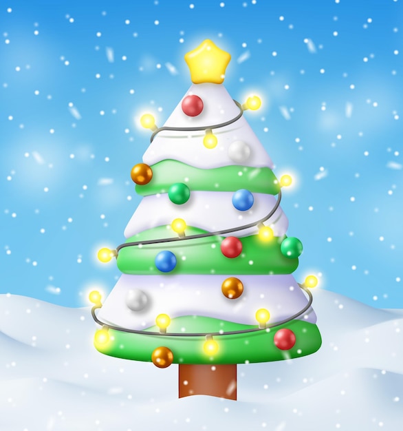 3D Christmas Background Render Christmas Tree with Garlands and Balls Winter Landscape with Fir Tree and Snowing Happy New Year Celebration New Year Xmas Holiday Vector Illustration
