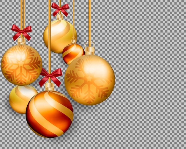 3d christmas gold balls isolated on transparent background.