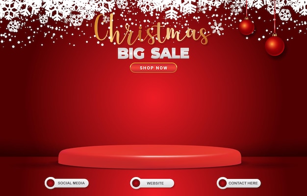 추상 그라데이션 빨간색 배경 디자인을 가진 제품에 대한 빈 공간이 있는 3d 크리스마스 및 새해 큰 판매 템플릿 배너
