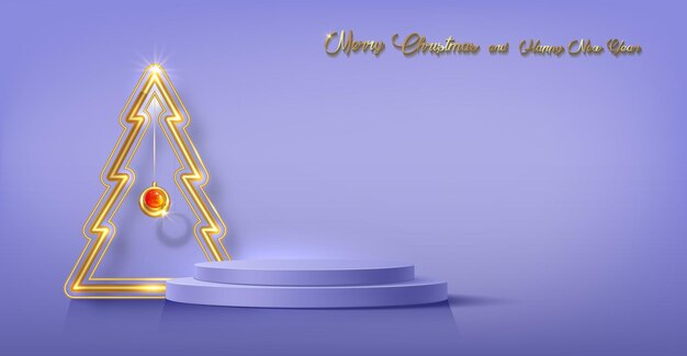 3D Christmas podium, gold neon tree, Happy New Year party, product display cylindrical shape golden